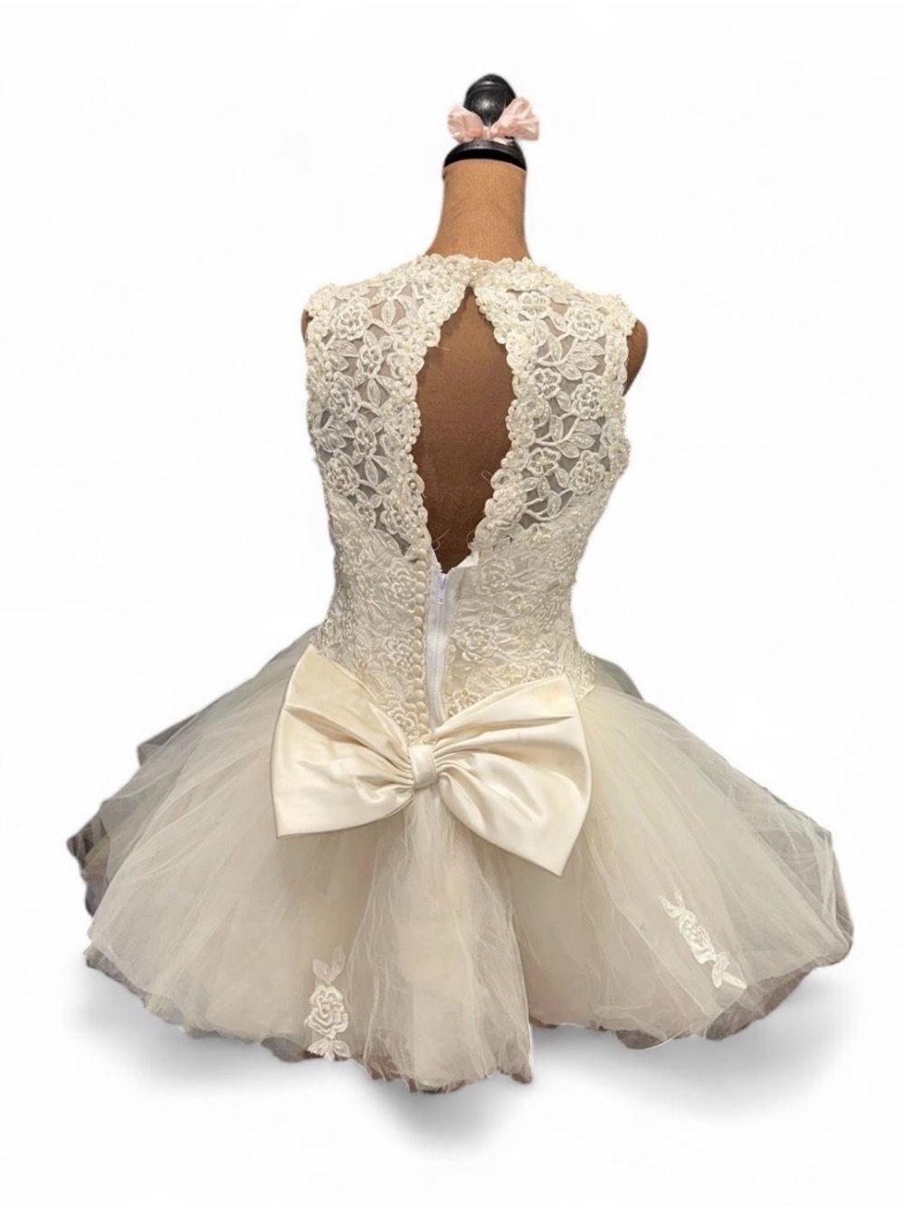 Ivory Lace Tutu Mini Cut Wedding Dress with Bow Costume Cosplay